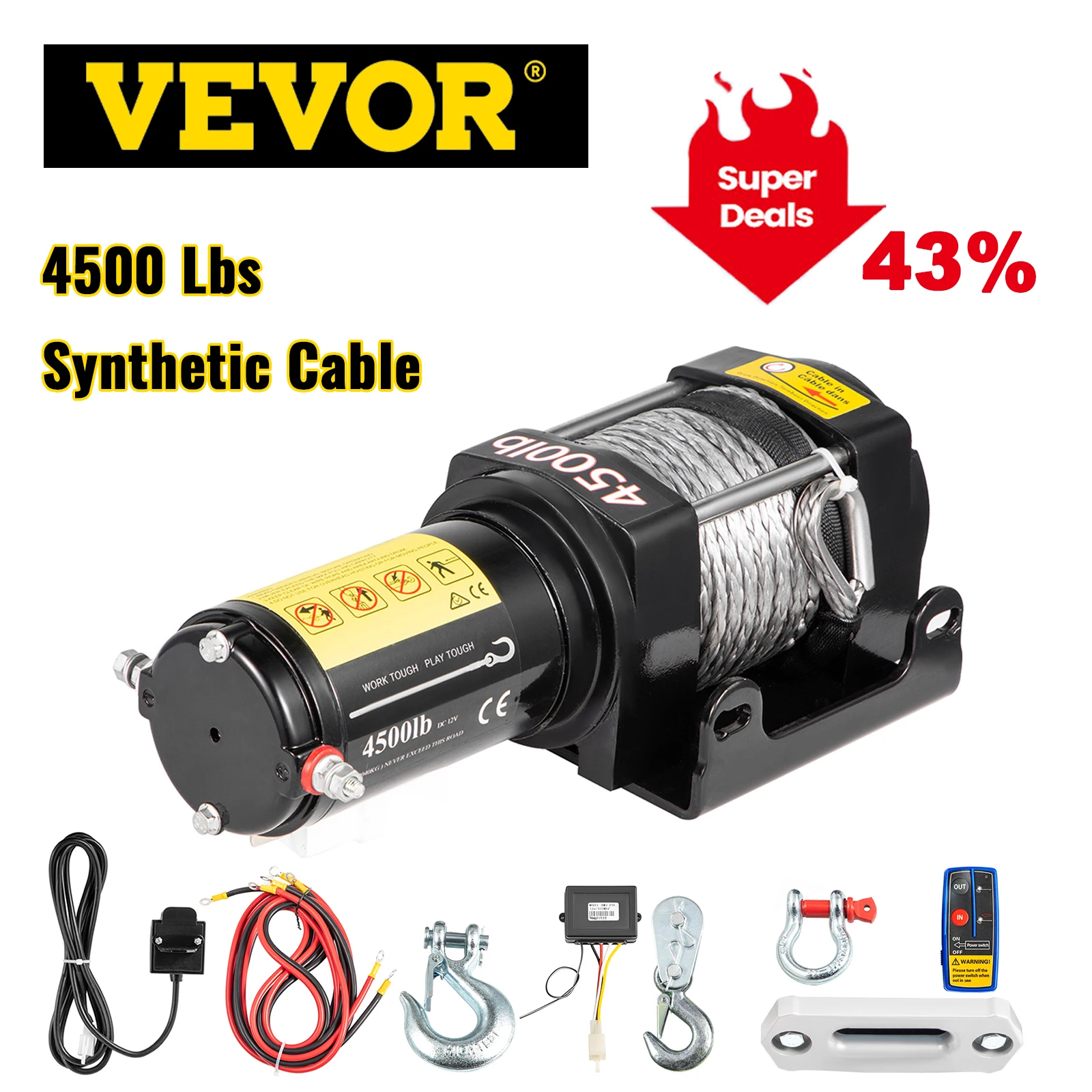VEVOR 4500LBS/2040KG Strong Synthetic Rope Electric Winch Wireless Control for SUV Boat Truck Trailer Recovery Off Road Winch