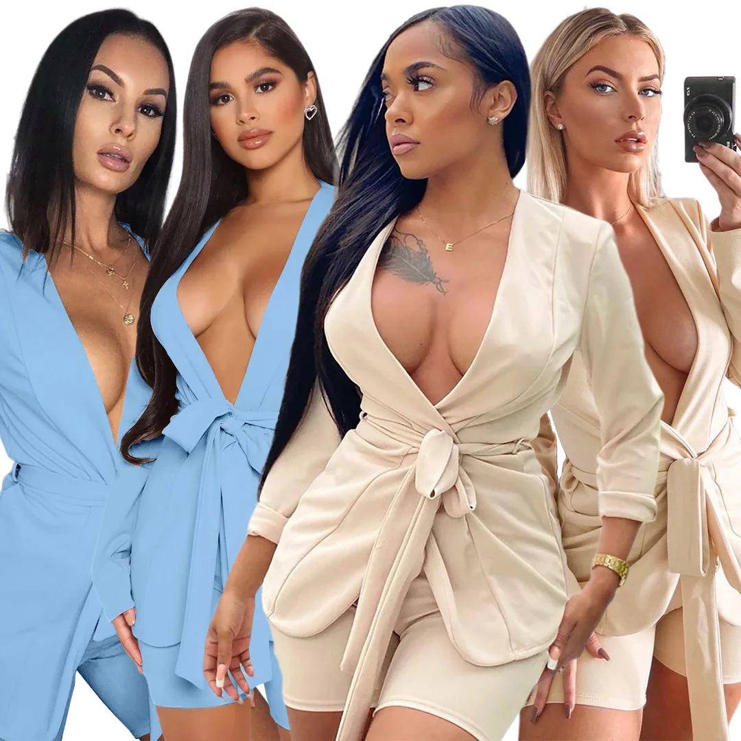 

Women Blazer Set Solid Full Sleeve Open Stitch Tops With Sashes And Shorts Two 2 Piece Sets 2021 Autumn Office Lady Outfits