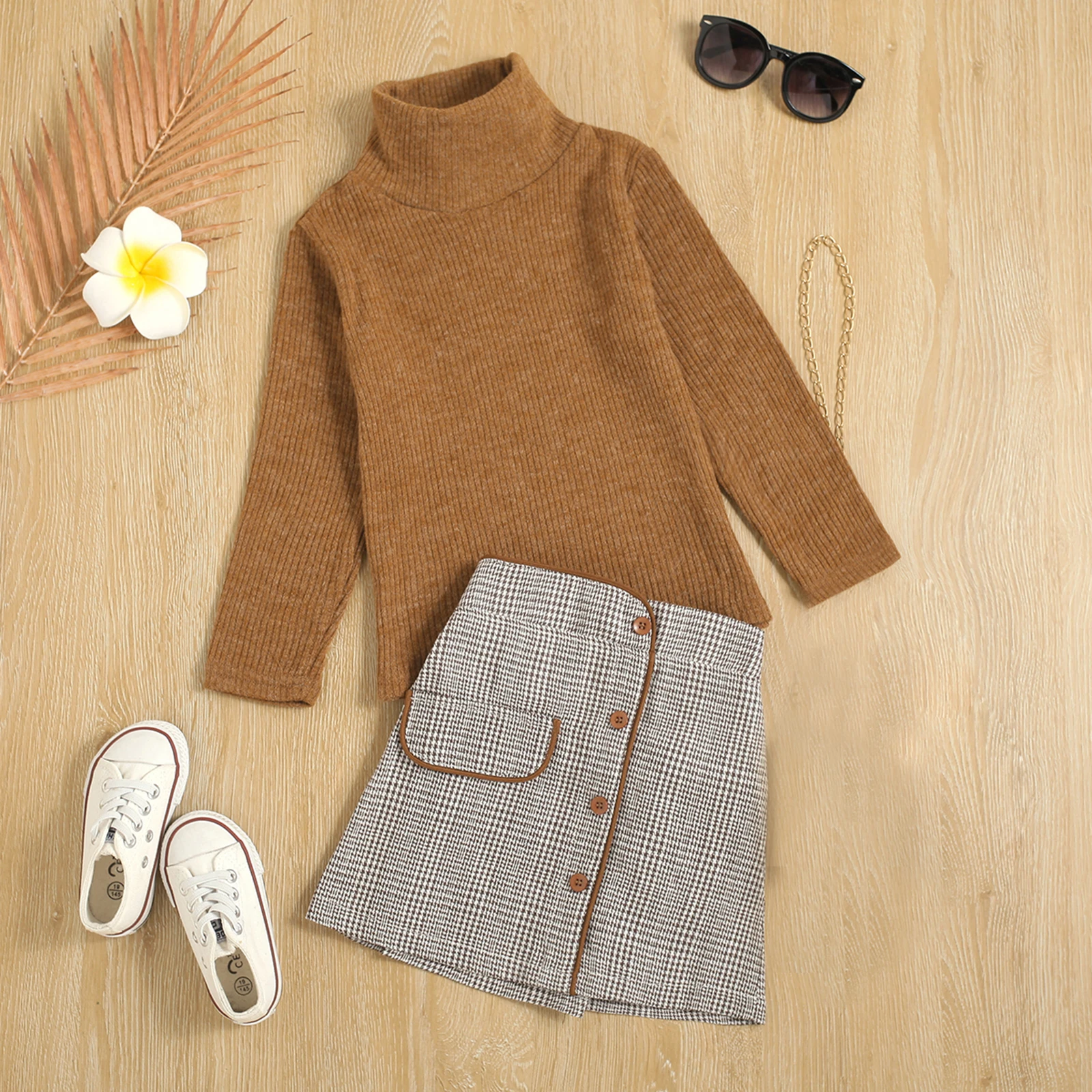 

Осенний комплект одежды для маленьких девочек, вязаный свитер с длинным рукавом и высоким воротником, топы, клетчатая мини-юбка, зимний комп...