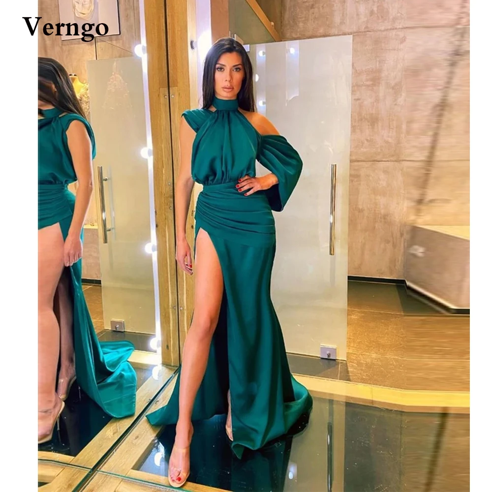 Verngo Emerald Green Satin Mermaid Prom Dresses High Neck Off Shoulder High Side Slit Pleats Elegant Evening Gowns 2021
