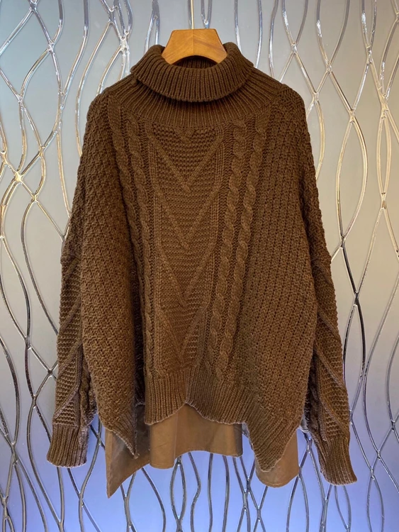 

2020 autumn and winter new women's bib high neck thick line woven decoration loose long-sleeved sweater 1103
