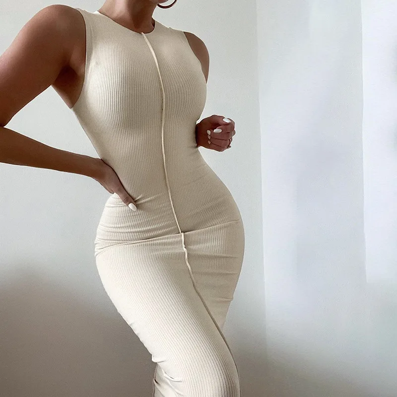 

2021 Summer New Solid Color Knitted Round Collar Sleeveless Sundress Women Sexy Bodycon Ribbed Wrap Solid Midi Dress Streetwear