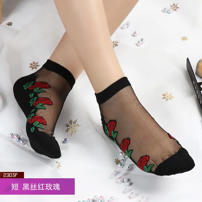 Женские носки из хлопка и вискозы NEST тонкие Повседневные с принтом красной розы 5