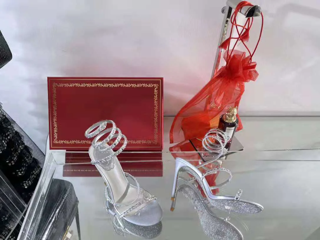 売却 女性用蓄音機サンダル,95mm,9.5cmヒール,光沢のあるガラス,スパイラルストラップ,クリスタル,キラキラ