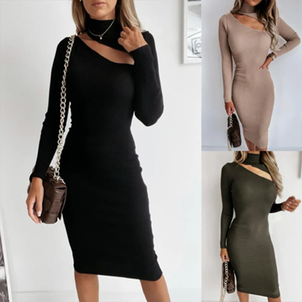 

Women Casual Ribbed Hedging Sweater Slim Solid Color Knitted Long Sleeve High Waist Sexy Hollow Elasticity Buttock Bodycon Dress