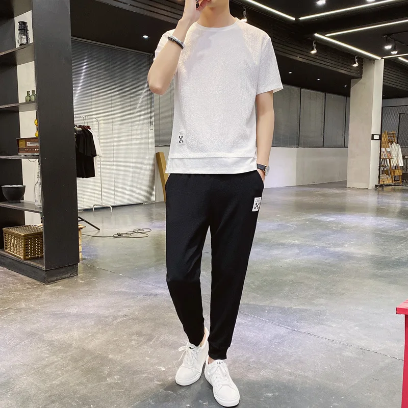 

Casual suit men's 2021 summer Korean fashion youth men's round neck short sleeve sports suit thin two piece set