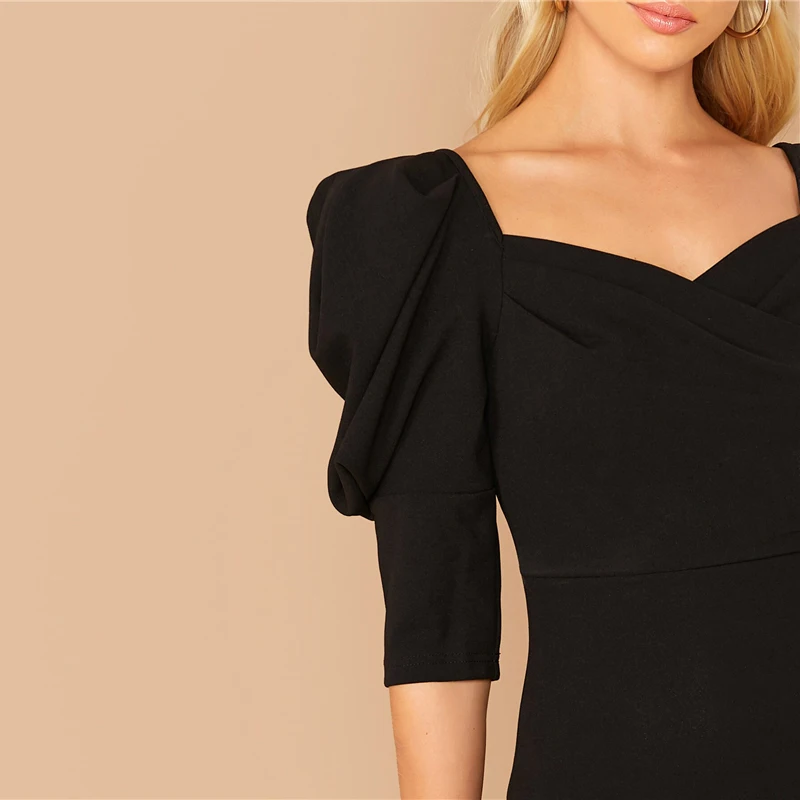 SHEIN/черная однотонная блузка с пышными рукавами и милым вырезом, Топ для женщин, весенне-осенние элегантные офисные платья, топы и блузки
