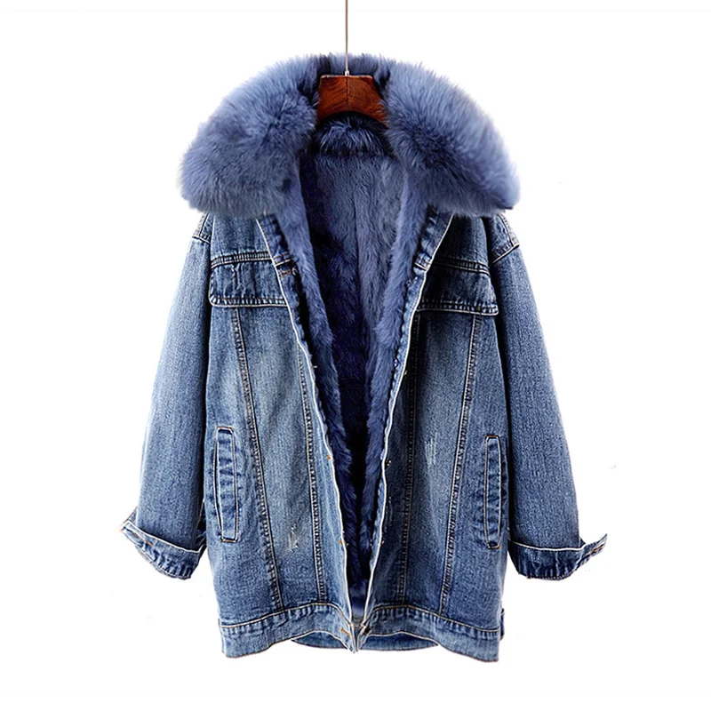 

Removable Fox Fur Collar Rex Rabbit Fur Liner Denim Jacket Women Loose 5 Color Winter Thick Warm Parker Jeans Jacket Coat Female