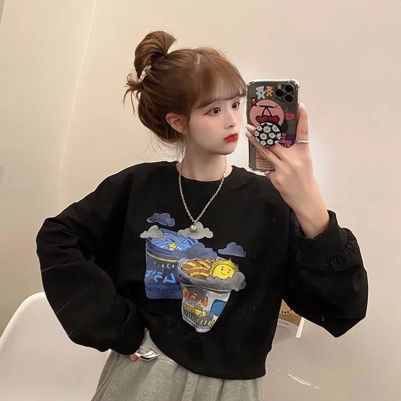 

Hoodies Women O-neck Crop Top Autumn Printed Streetwear All-match Long Sleeve Teens Fashion Ulzzang Kpop Chic Vintage Sweatshirt