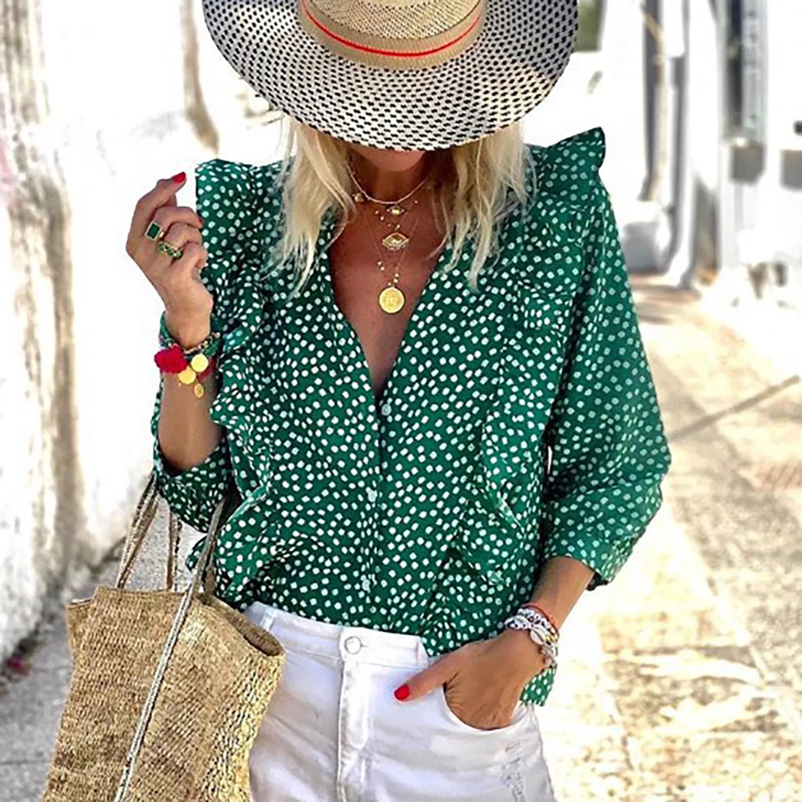 Женская шифоновая блузка на каждый день с длинными рукавами и воротником хомутом