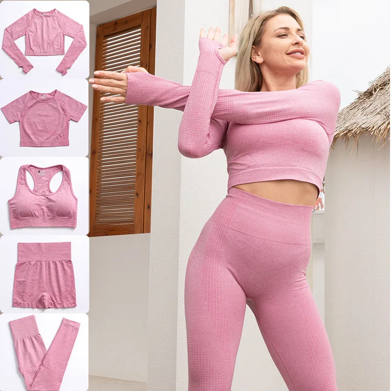 

2/3/5PCS Set Women Workout Clothes Seamless Yoga Sets Gym Jogging Fitness Long Sleeve Top High Waist Booty Leggings Sports Suits