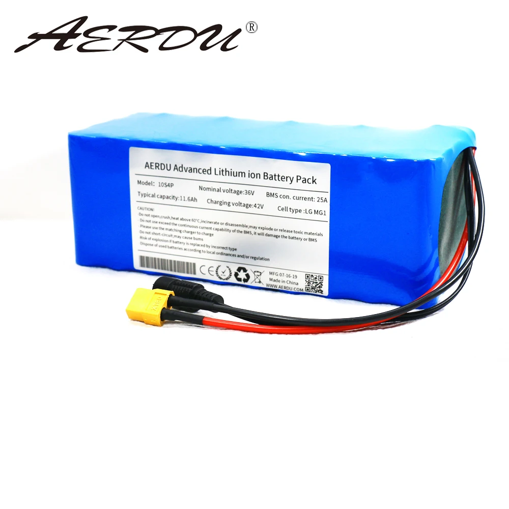 Комплект литиевых батарей AERDU 36 В 10S4P 11 6 Ач 25 А BMS для электровелосипеда 500 Вт 450 350 250 моторного