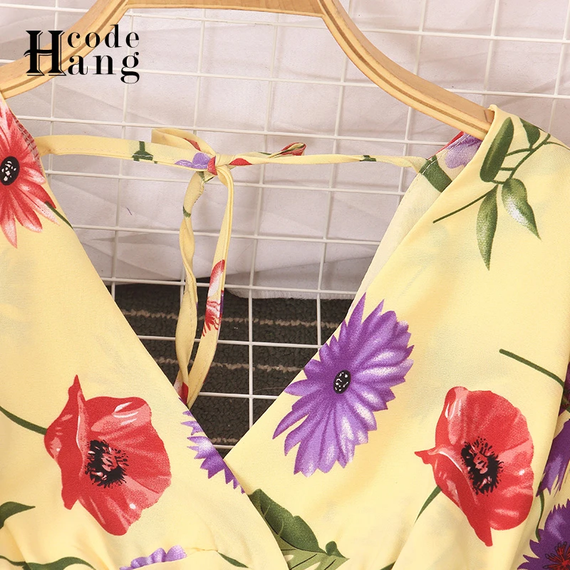 HangCode Бохо цветочный принт красное женское платье короткий расклешенный рукав