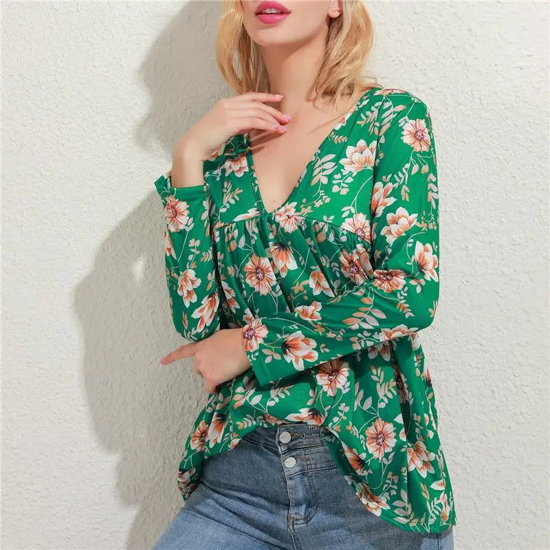

New 2021 Women Blouse Vintage V-neckr Floral Print Casual Tops Blouse Women Pleats Shirt Retro Fashion Shirt Loose Casual Shirt