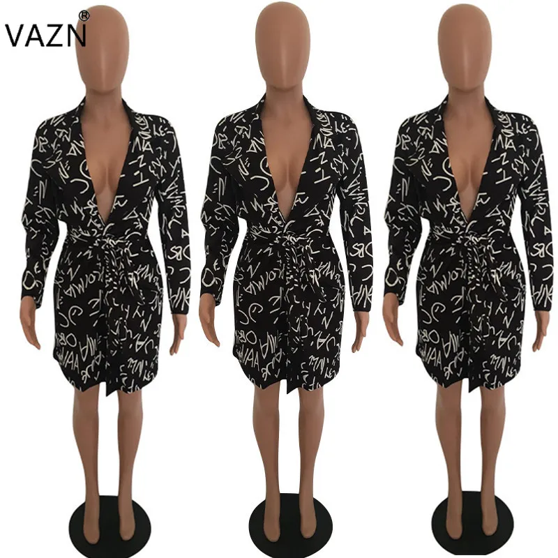 VAZN Autumn Hot Sexy Elegant Fashion Famous Brand Women Dress Letter Deep V-Neck Full Sleeve Chiffon Lady Mini WML8828 | Женская одежда