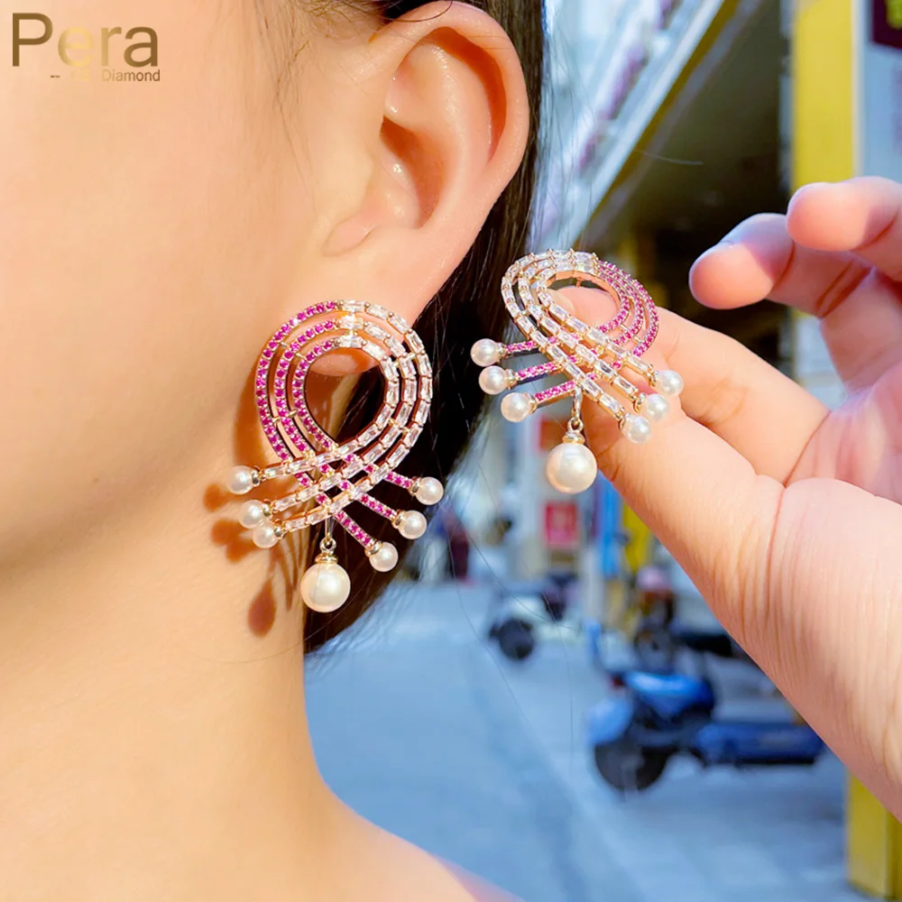 

Pera Unique Big Geometry Shape Red White Cubic Zirconia Long Symmetrical Dangle Pearl Earrings Female Costume Party Jewelry E844
