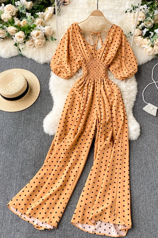 

Dot Women's Clothing 2021 New Spring Fashionable Batwing Sleeve Jumpsuits High Waist Slimming Dot Wide Leg Pants