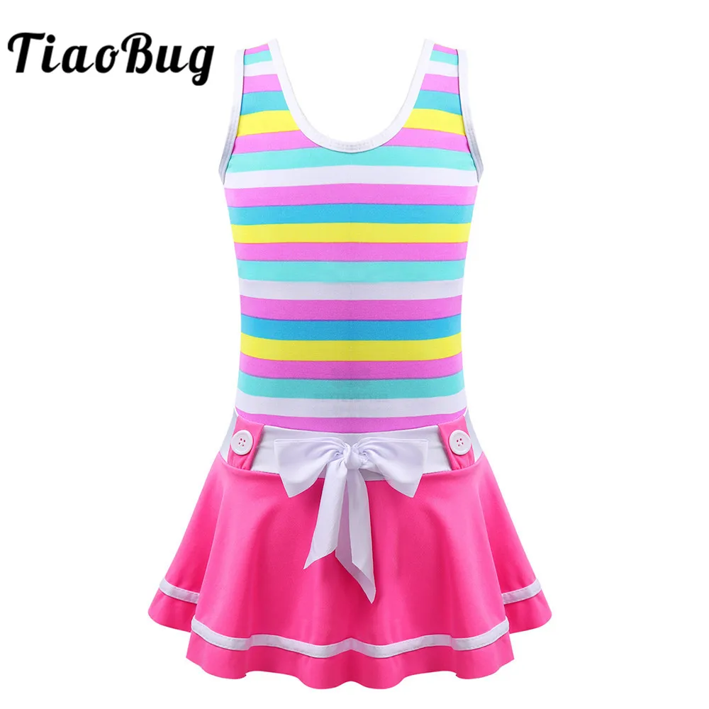

Summer Kids Girls One-piece Wide Shoulder Strap Striped Bowknot Swimsuit Swimwear Bathing Suit Children Quick Dry Swim Beachwear