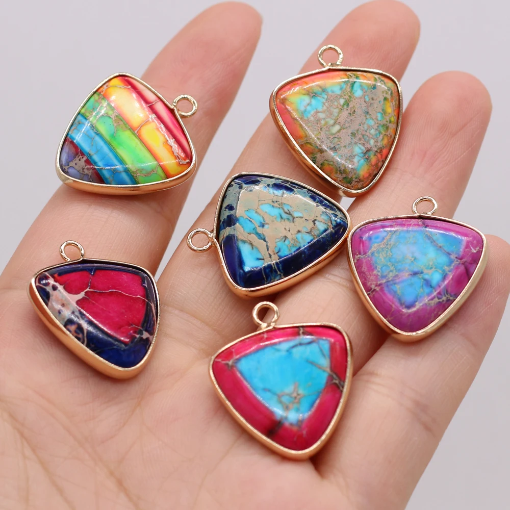 

2021New Natural Stone Triangle Gold-plated Emperor stone Multicolor Pendant Craft ExquisiteDIY Necklace Jewelry Accessories Gift
