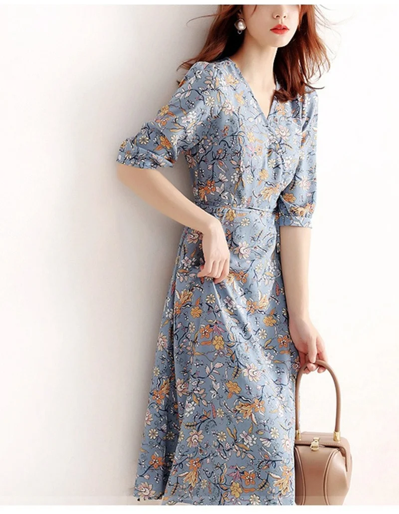 

2021 new fashion v-neck bandage design dresses for women elegant office lady chiffon dress temperament casual vestido feminino