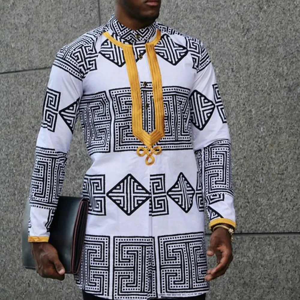 Африканская одежда для мужчин Дашики ткань мужская рубашка белый узор принт