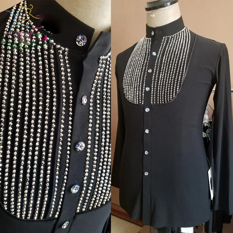 

Мужские блестящие рубашки для латиноамериканских танцев, с длинным рукавом, топ для выступлений, Мужская одежда для соревнований по танцу ча-Румба и самбы, DNV12163