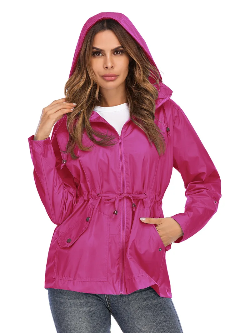 

European and American Waterproof Jacket Waist Hooded Breathable Mesh Outdoor Hiking Rainproof Jacket