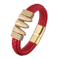 cool punk jewelry bullet shape gold stainless steel magnet clasp red leather wrist bracelet men fashion bangles male gift pd0908