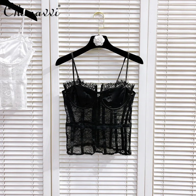 Women Vintage Slim Lace Hollow Out Solid Color Camisole Tube Top Ladies Spaghetti Strap Crop Tops Back Zipper Sling Camisole