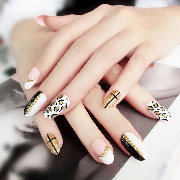 24 шт/кор. черные и белые золотые ногти DIY наклейки для ногтей полное покрытие