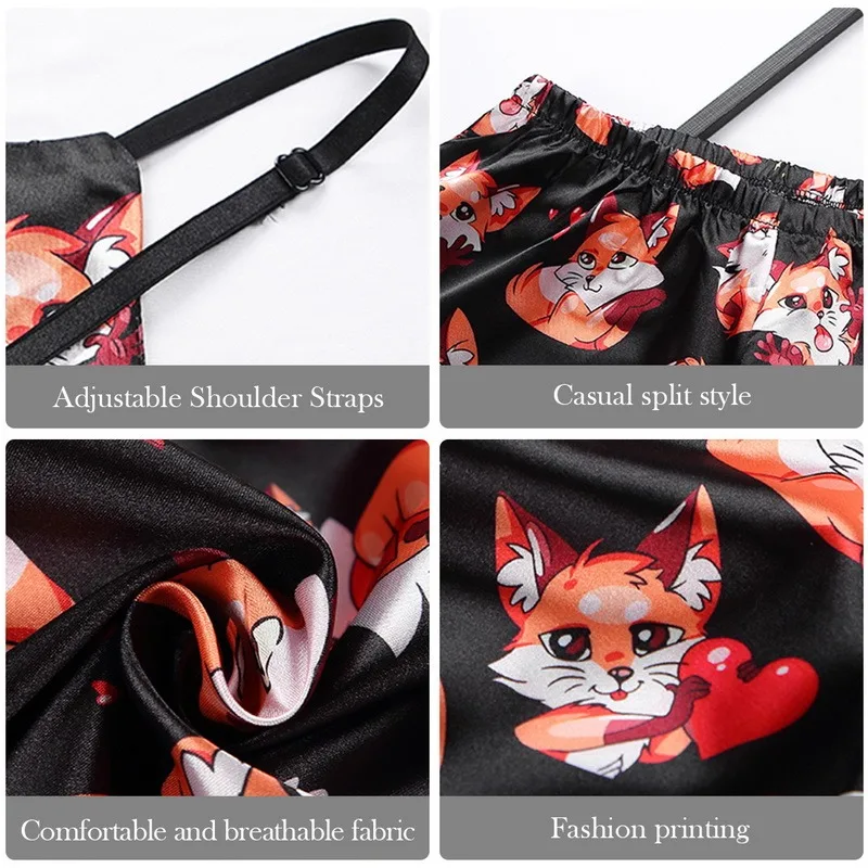 

Fox Pattern Pajamas Women V Neck Spaghetti Strap Print Pants Satin Sleepwear Set Sexy Nightwear Autumn Home Suit Sets