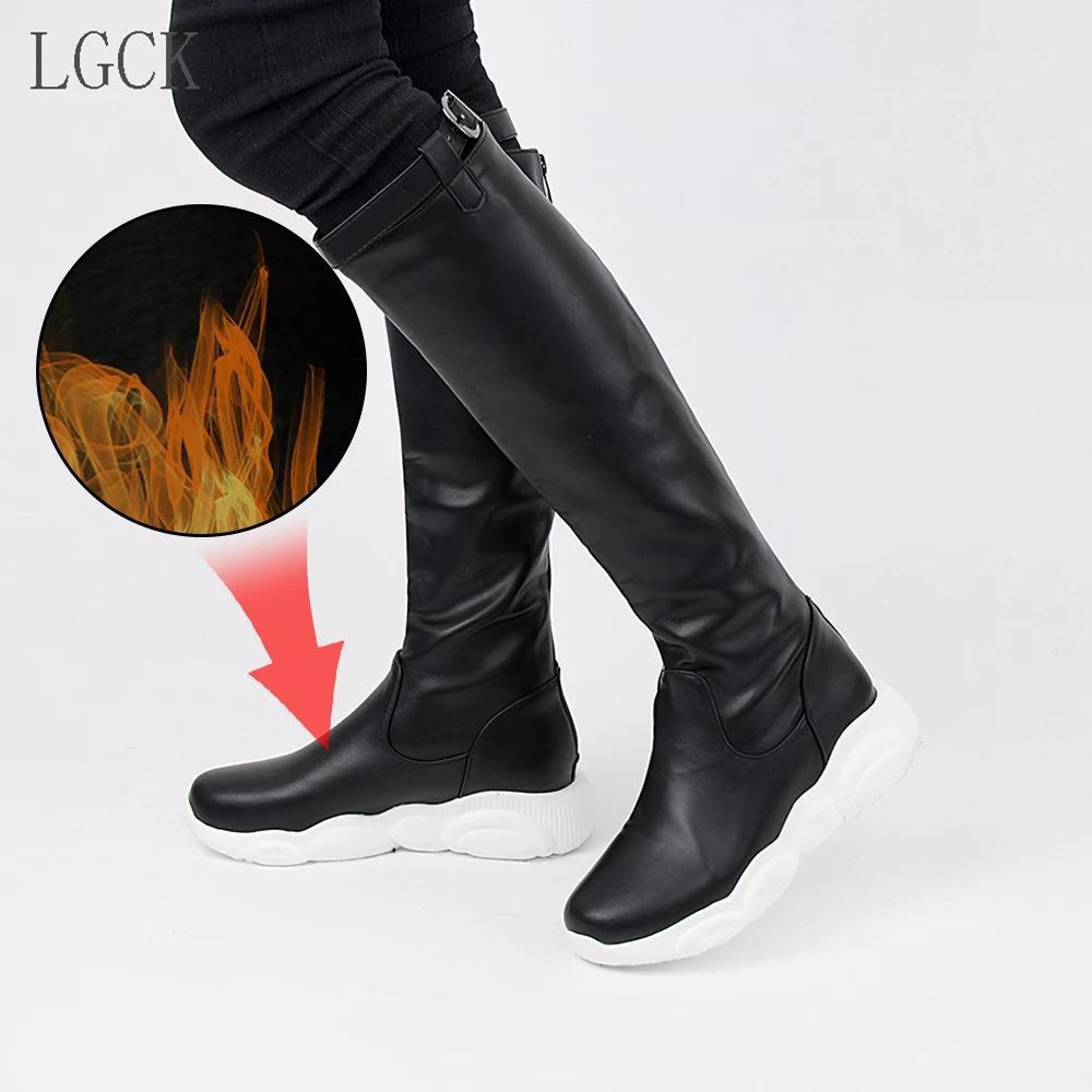 

Plus Size 34-46 PU Leather Women Long Boots Riding Casual Belt Buckle Zipper Autumn Winter Flats Loose Boots Shoe Mujer Footwear