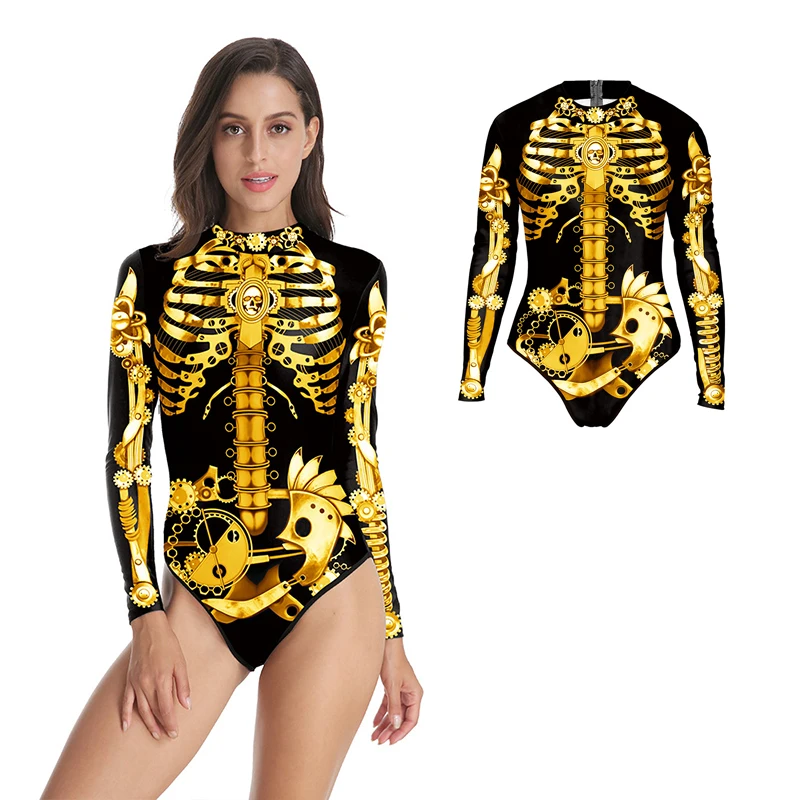 

Новинка 2021, женский купальник на Хэллоуин, трехмерный слитный купальник с цифровым золотым черепом и длинными рукавами, на молнии, треуголь...