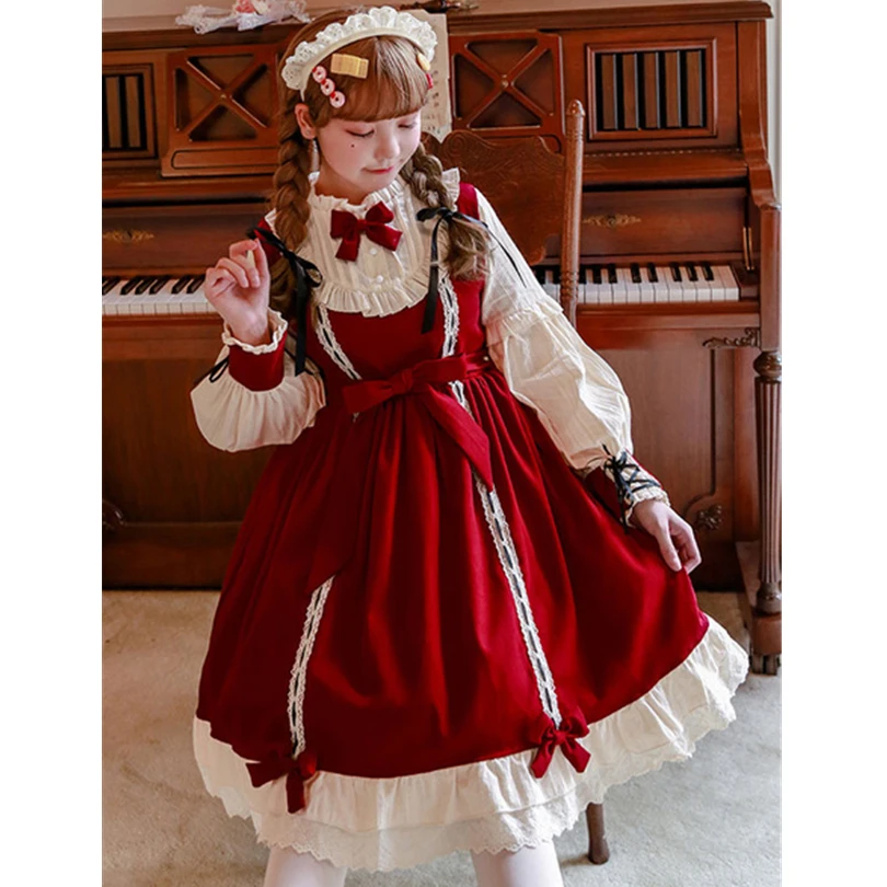 

Милое Платье в стиле Лолиты; Цельнокроеное платье в горошек с бантом и длинными рукавами в стиле Лолиты; Цвет Белоснежка