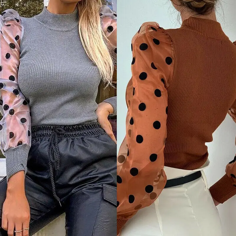 Женская прозрачная сетчатая вязаная блузка с пышными длинными рукавами в