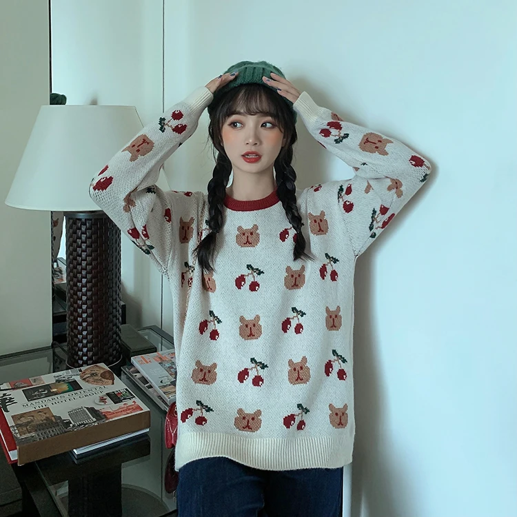 

2020 NEW Autumn Vintage Ladies Sweaters Thick Pullover Winter Warm Knitting Jumper Soft Long Sleeve Sweater Japanese Print Top