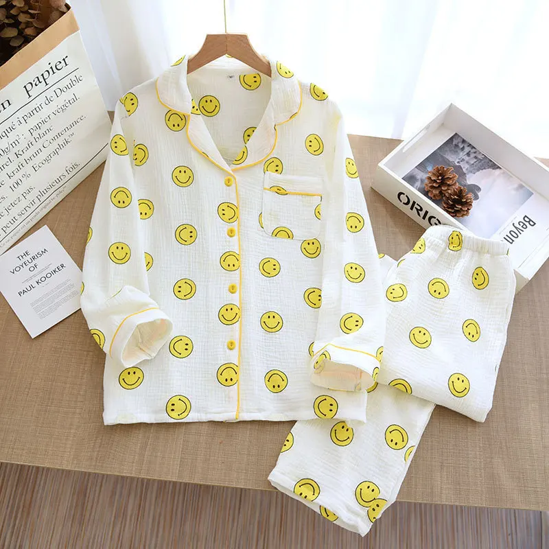 

New Korean Spring and Summer Women's Cotton Pajamas Thin Long-sleeved Trousers Home Service Washed Cotton Crepe Home Wear Suit