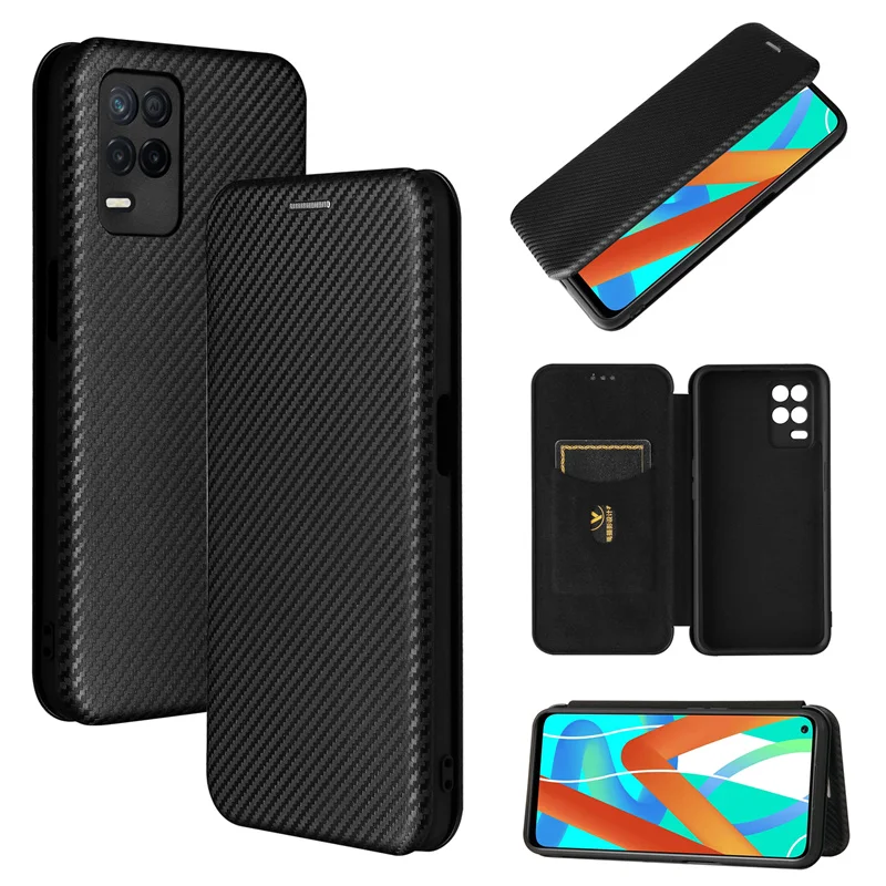 

2021 Oppo Realme V13 5G Case 6.5" Fashion Carbon Fiber PC Hard Card Holder Slim Leather Case For Realme V13 5G Wallet Flip Cover