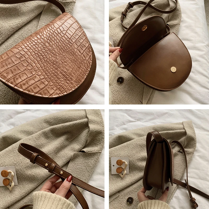 

2020 Luxury Fashion Women Crossbody Bag Crocodile Semicircle Saddle Bags Soft Leather Shoulder Bags For Ladies Handbags Designer