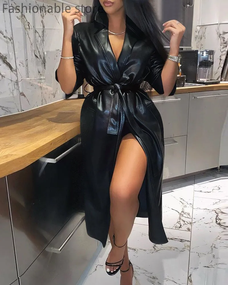 

Women Sexy Solid Color Long Sleeve PU Trench Coat with Belt