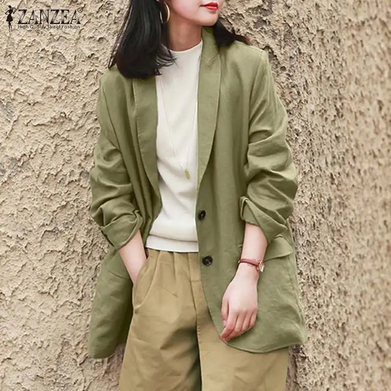 

2021 Autumn Office Lady Loose Cardigans Womens Casual Cotton Linen Blazer ZANZEA Solid Stylish Long Sleeve Coats Fashion Outwear