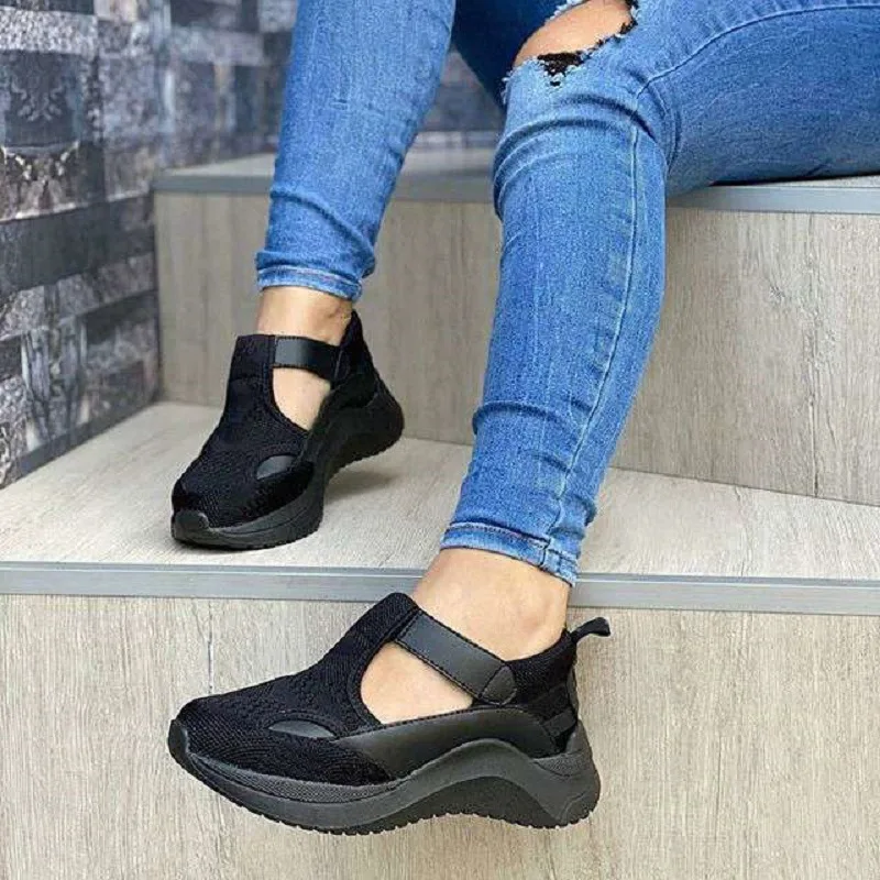 

New Style Plus Size Casual Single Shoes Thick-soled Flying Woven Velcro Sneakers Women's