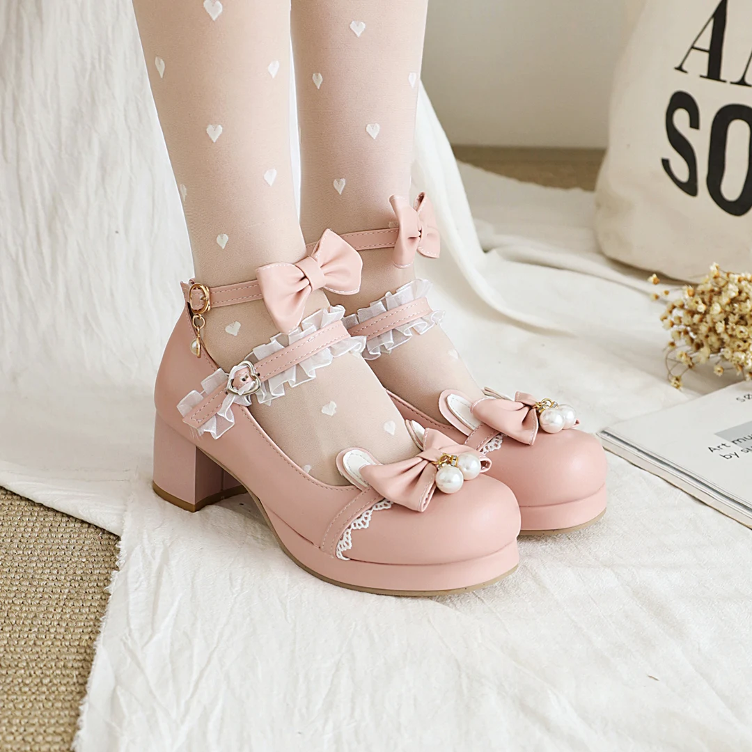 Women Lolita Cosplay Shoes with Cute Ears Peals Cross Strap Block Heel Mary Jane Lace Pumps 2021 Spring Summer Autumn New