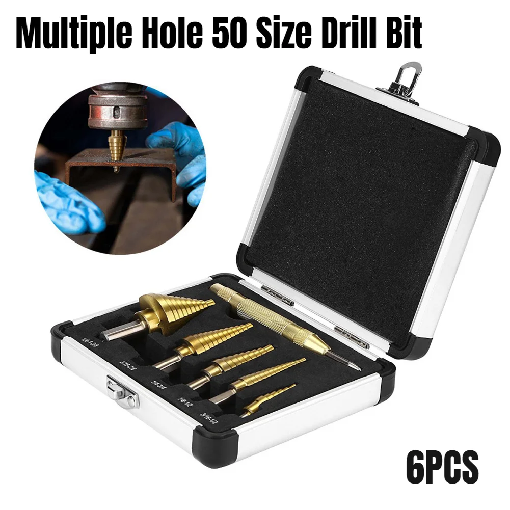 

6Pcs HSS Titanium Coated Step Drill Center Punch Drill Set Hole Cutter Drilling Tool DIY Woodworking Hole Cutting Tools