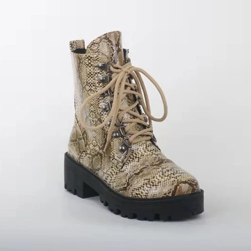 Khaki Г. Сапоги женские сапоги панк до лодыжек, змеиная кожа, круглый носок, шнуровка, зимняя обувь Femme Botas Mujer, высокий каблук, большие размеры 36-43 - Цвет: Khaki