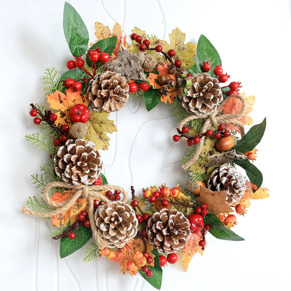 30 см Рождественский венок осенний кленовый лист сосновый конус ягодный подвеска