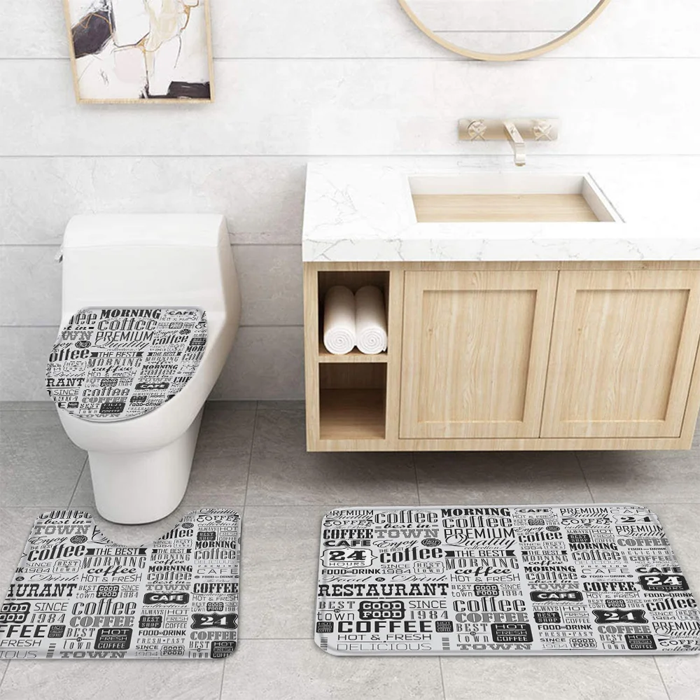Vintage Text Coffee Shower Curtain Sets Non-Slip Rugs Toilet Lid Cover and Bath Mat Waterproof Bathroom Curtains | Дом и сад