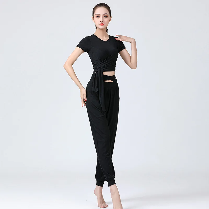 Женский костюм для латинских танцев черный топ + штаны сальса Самба