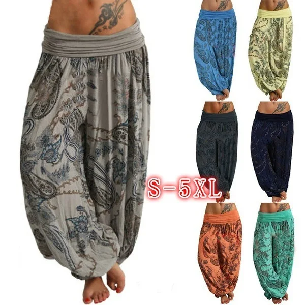 

New Women Casual Basic Long Wide Leg Pants Elastic Print Trousers Loose Plus Size S~5XL
