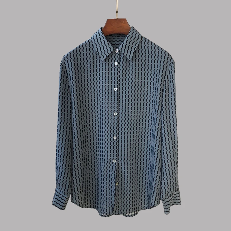 

100% Silk High Quality Women Fashion Spring Autumn Vintage Elegant Corrugated Printed Silk Long-Sleeved Shirt Blouse